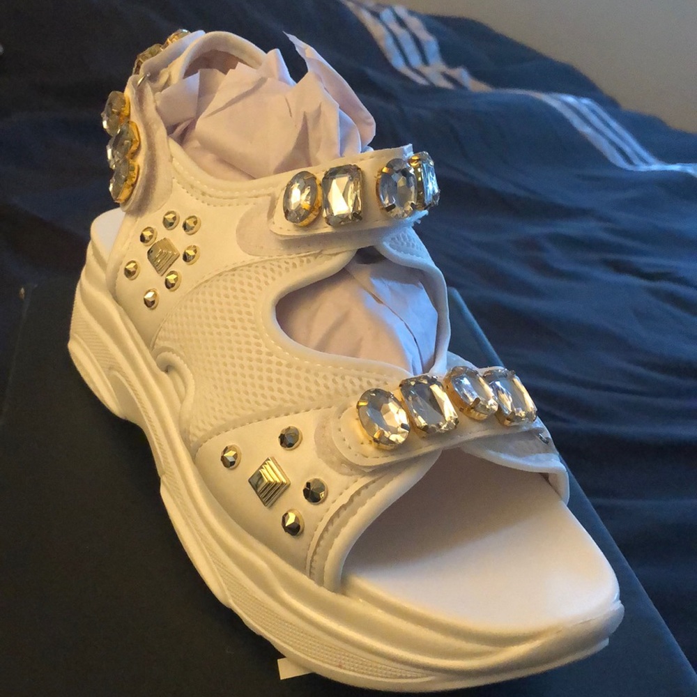 White Sandals with Gold Jewels from Fashion Nova